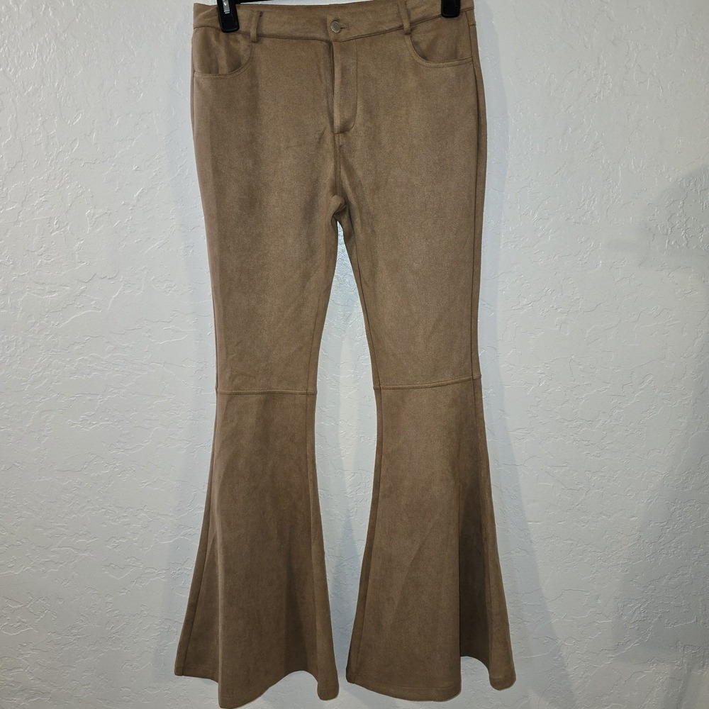 Saints & Hearts Light Brown Faux Suede Bell Bottom Pants L Stretch pockets Long